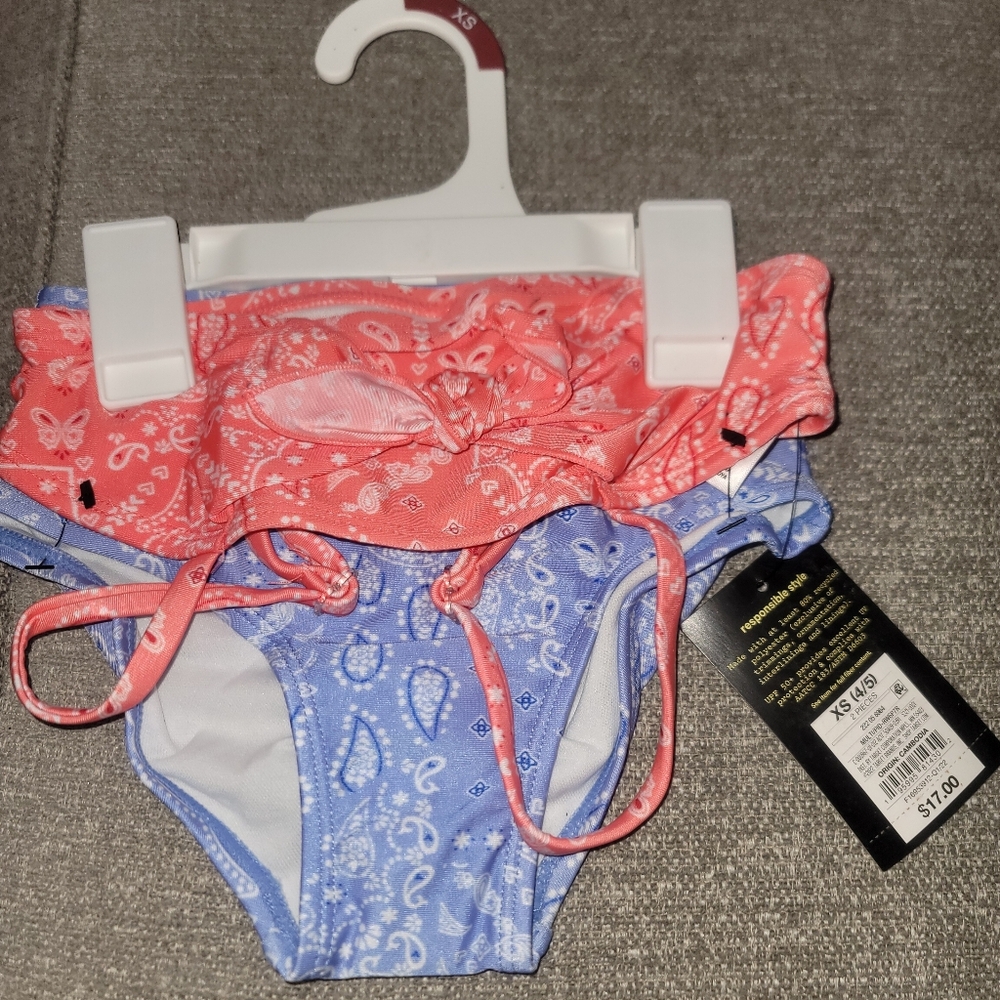 XS Little Girl Two-Piece Swim Set in Blue & Coral